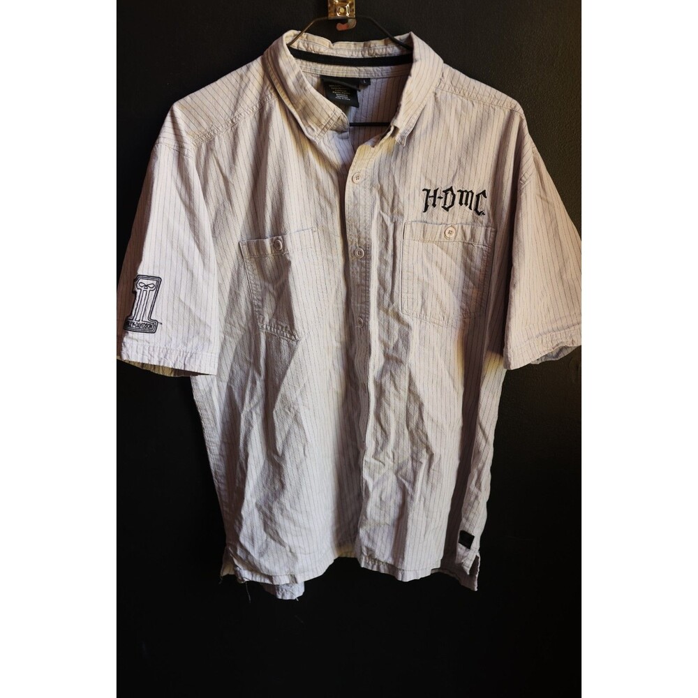 Harley-Davidson Y2K Gray Striped Short Sleeve Shirt Skull Biker Button Up Shirt